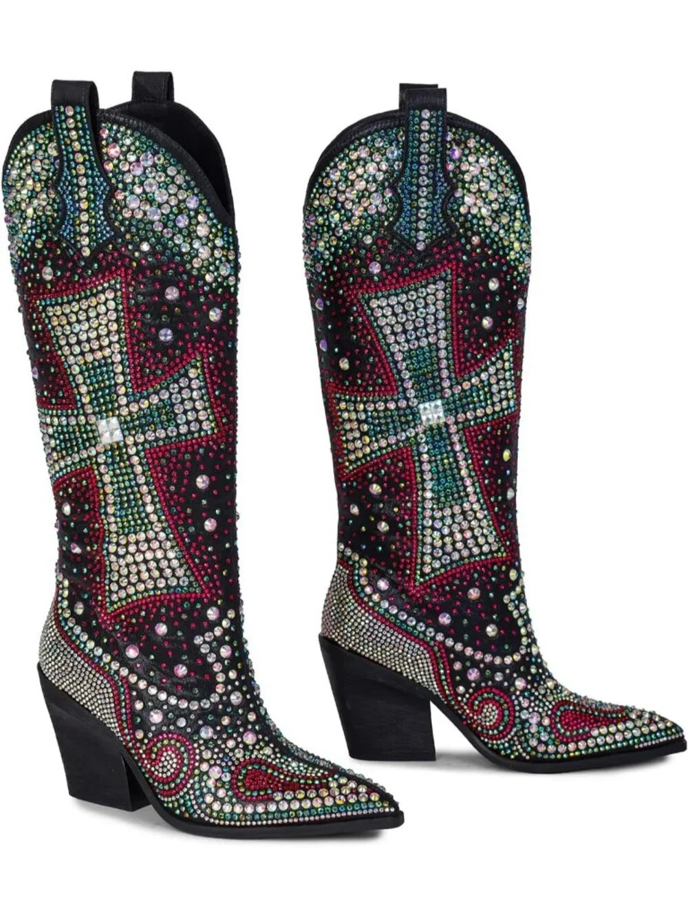 Women's Multi Blue Crystal Cross Embellished Pointed Toe Sparkly Cowgirl Boots